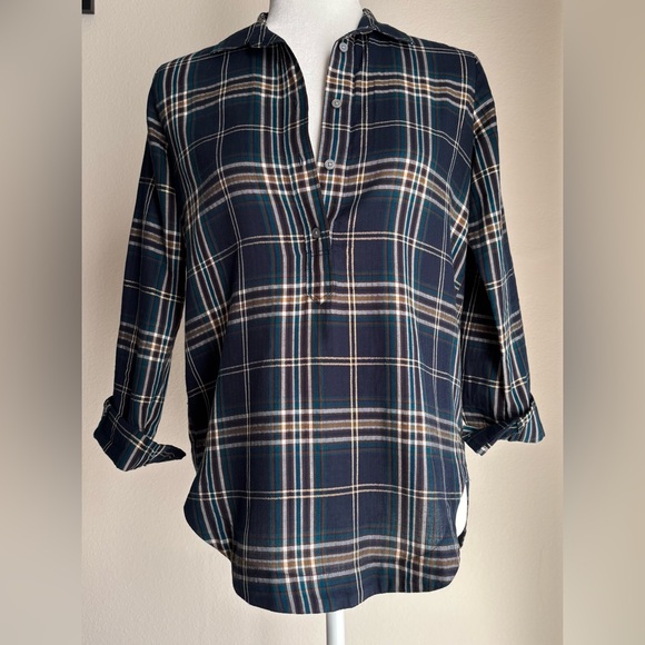 Loft Softened Quarter Button Shirt Blue Plaid - Picture 1 of 8